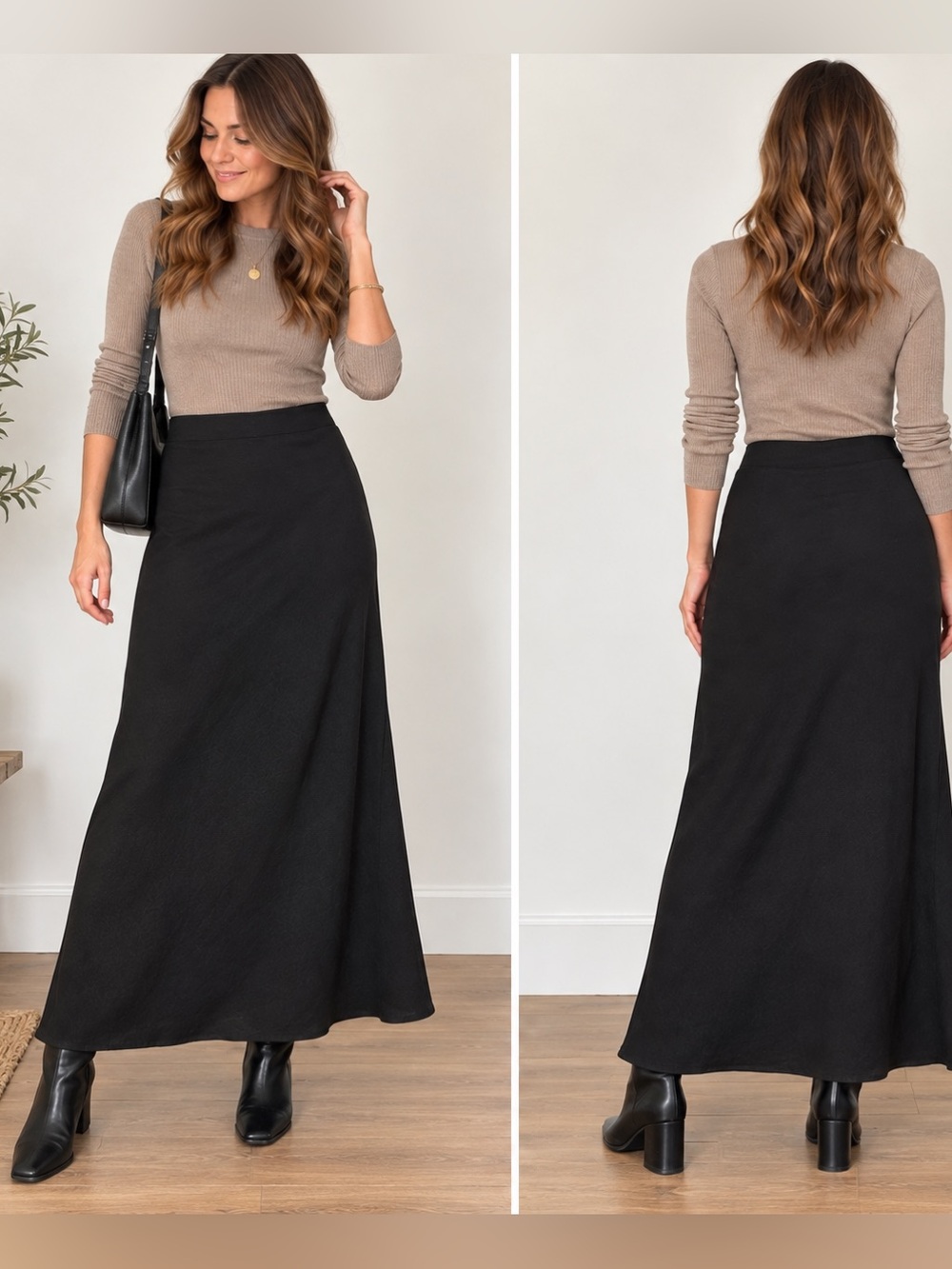 Anthropologie Black Linen Blend Maxi Skirt Size M Pull On Stretch A-Line Long